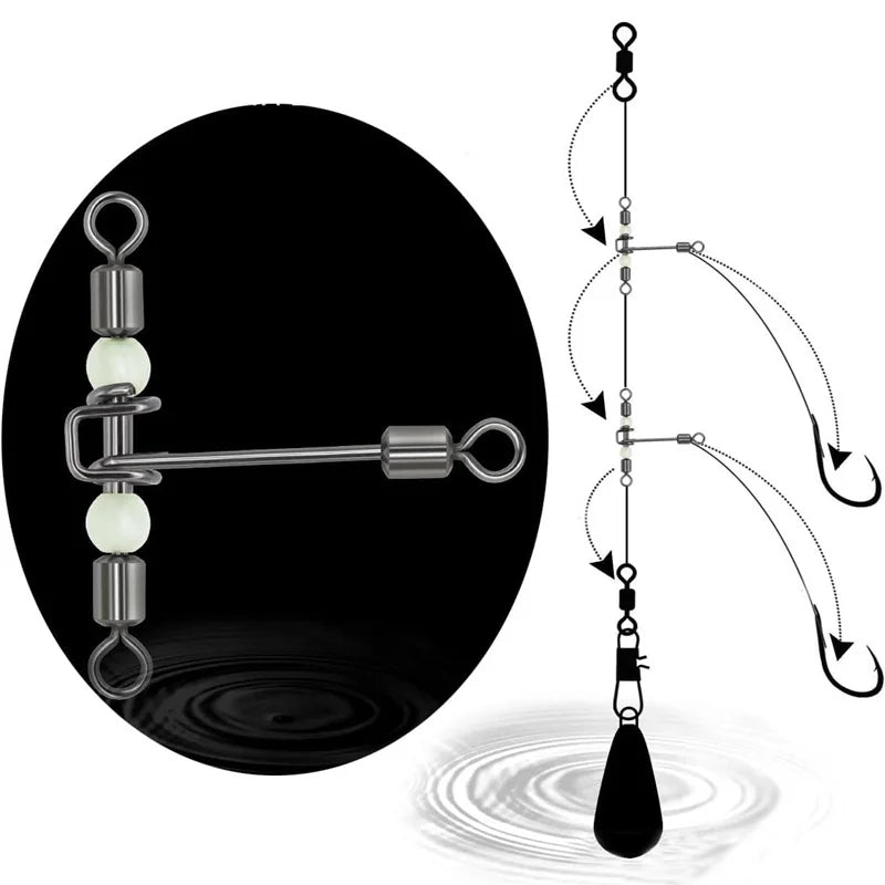 Three Way Fishing Swivels With Glow Beads and Snap Connectors