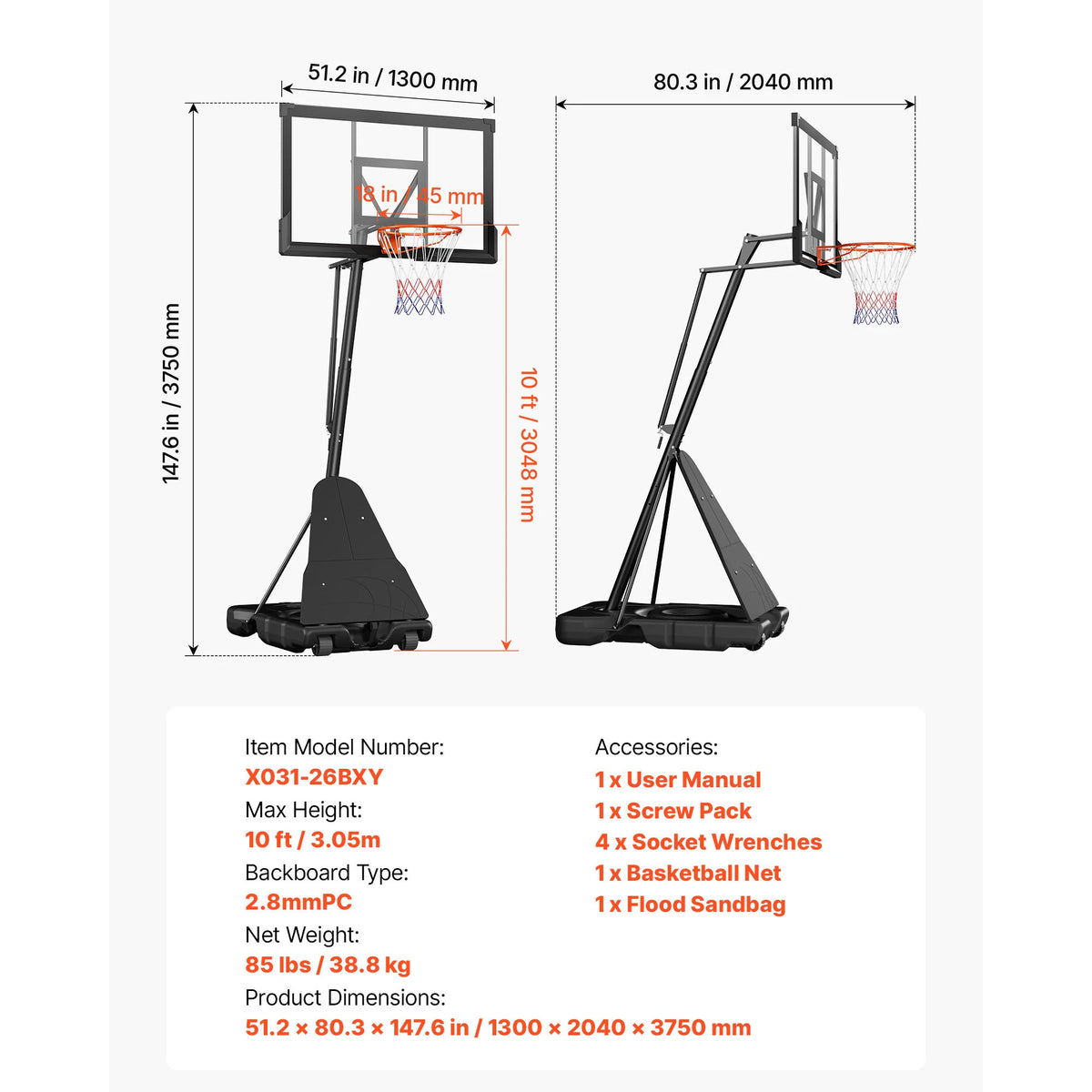 Portable Height Adjustable Basketball Hoop With PC Backboard