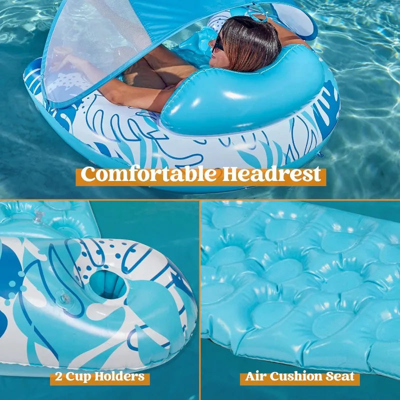 Inflatable Pool Lounge Chair With Canopy And Two Cup Holders