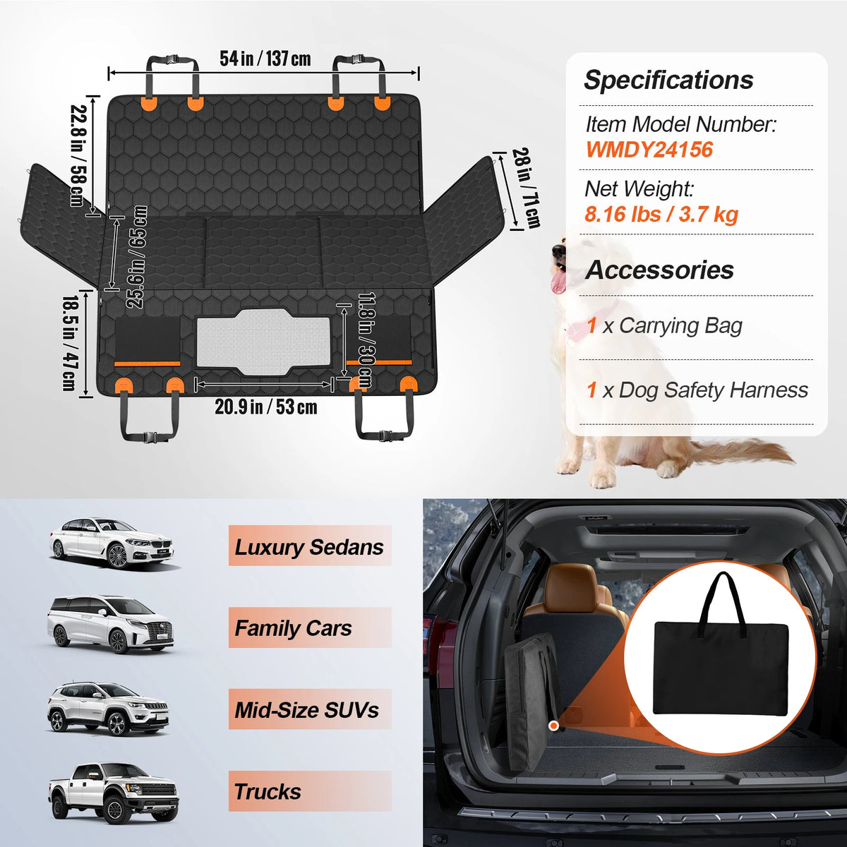 SucceBuy Dog Car Seat Extender Bed Cover With Mesh Window