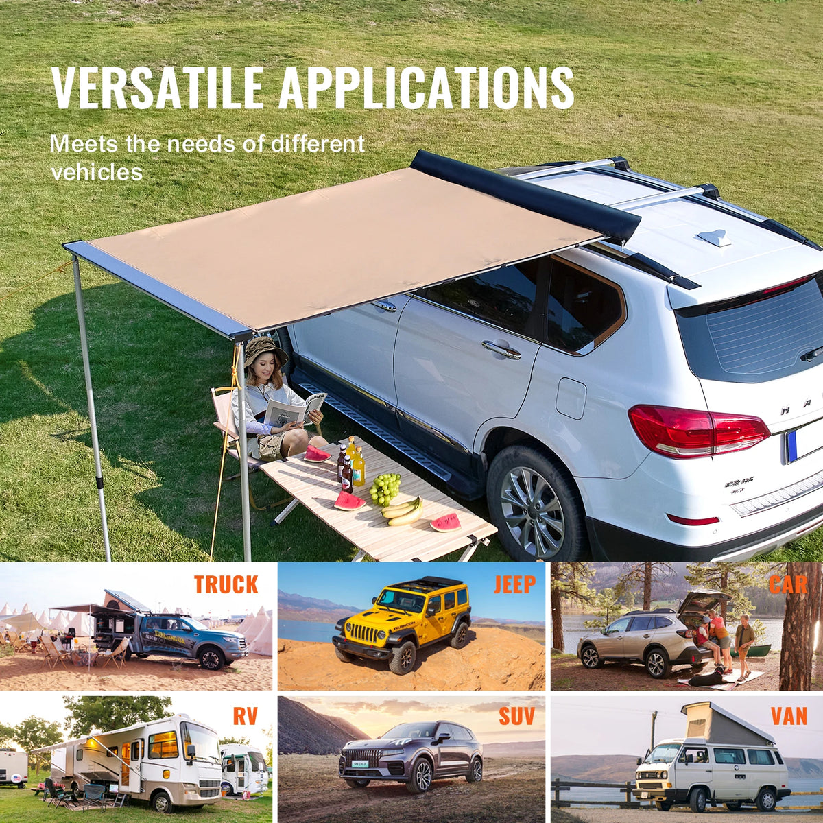 SucceBuy Retractable Vehicle Side Awning With Waterproof Storage Bag