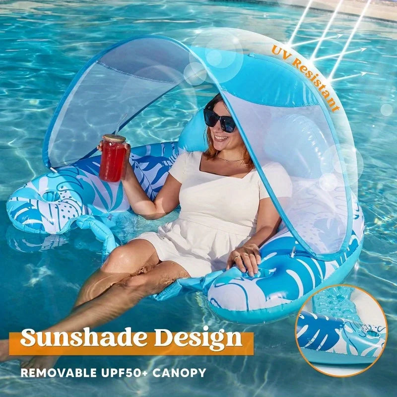 Inflatable Pool Lounge Chair With Canopy And Two Cup Holders