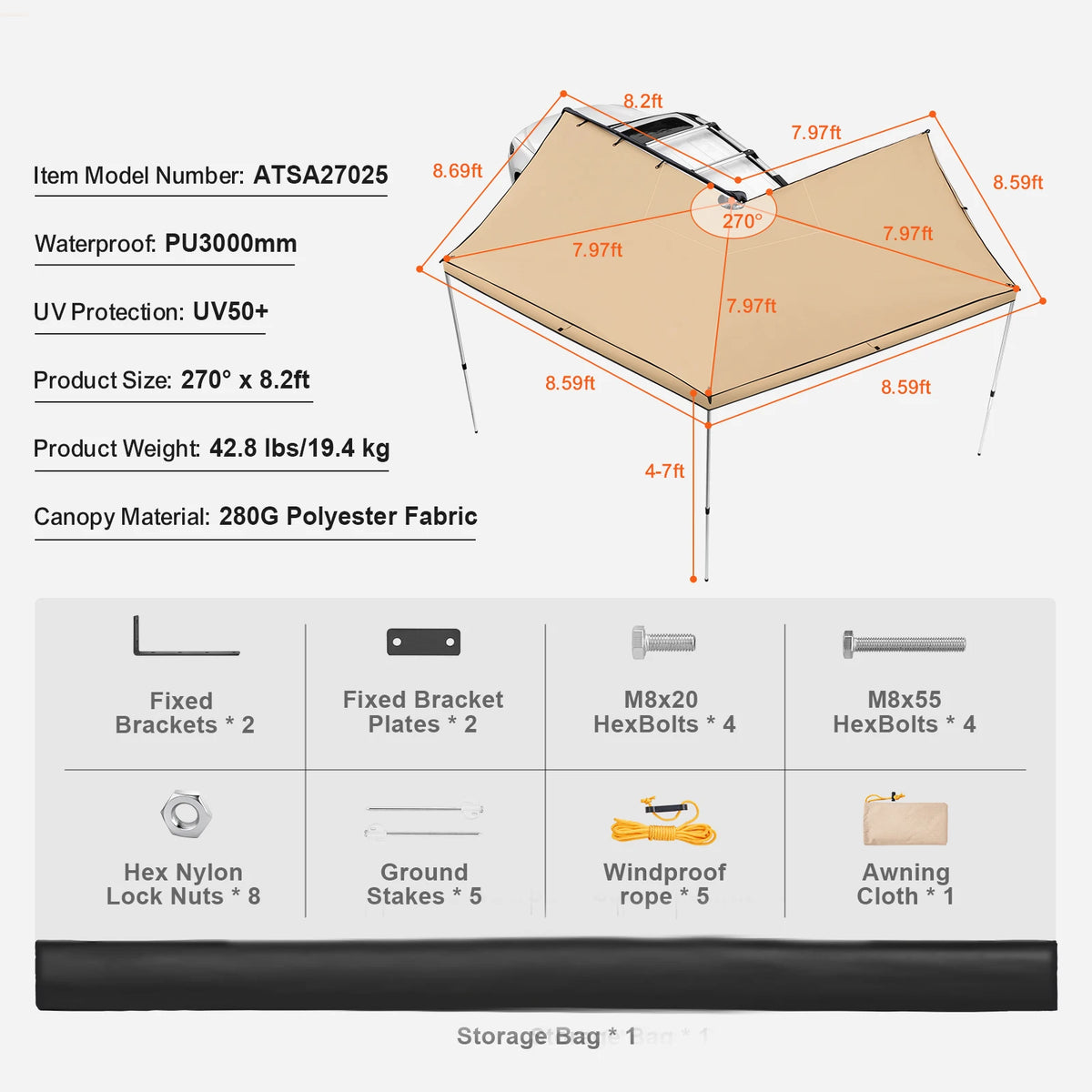 SucceBuy Retractable Vehicle Side Awning With Waterproof Storage Bag