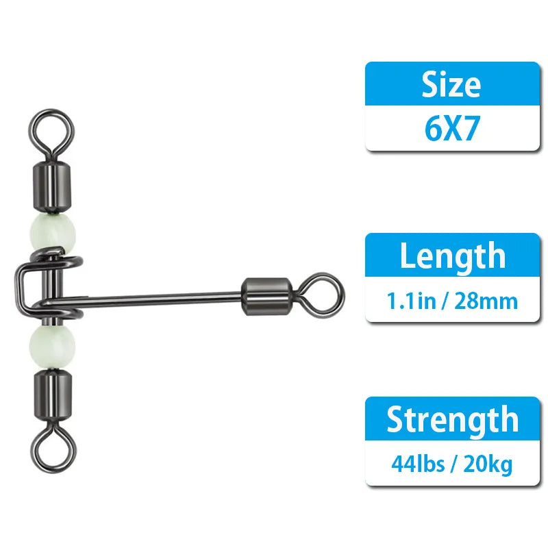 Three Way Fishing Swivels With Glow Beads and Snap Connectors