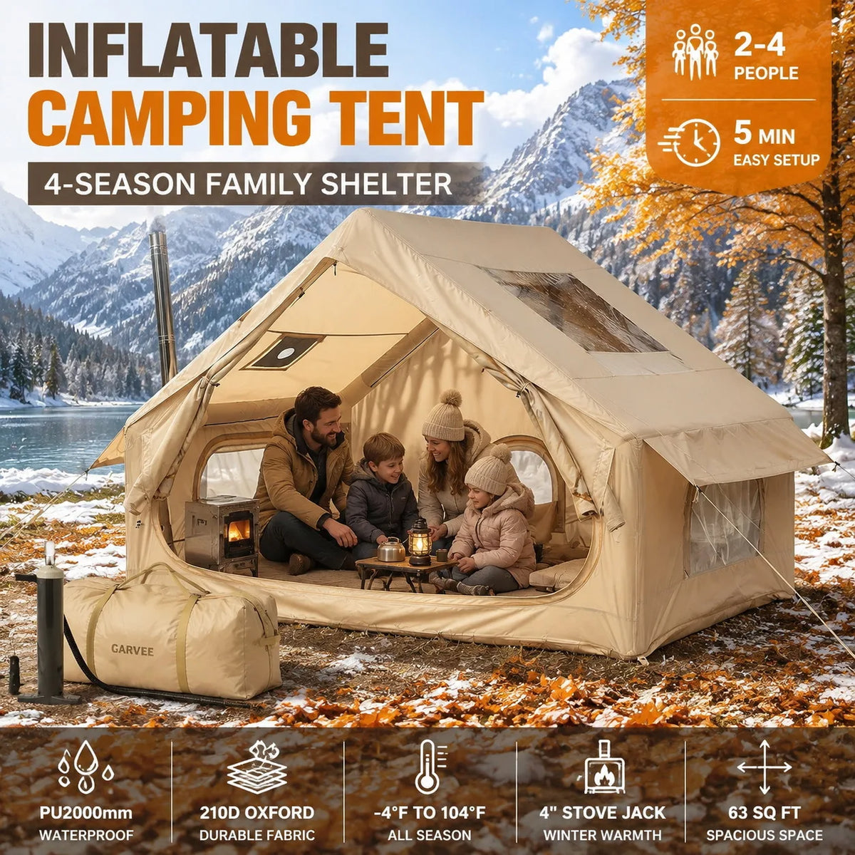Inflatable Family Camping Tent Waterproof Four Season Quick Setup