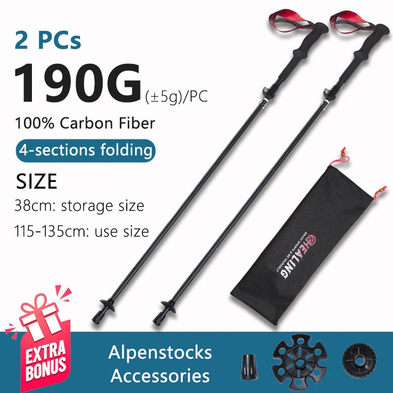 OKHEALING Ultralight Carbon Fiber Folding Trekking Poles For Hiking