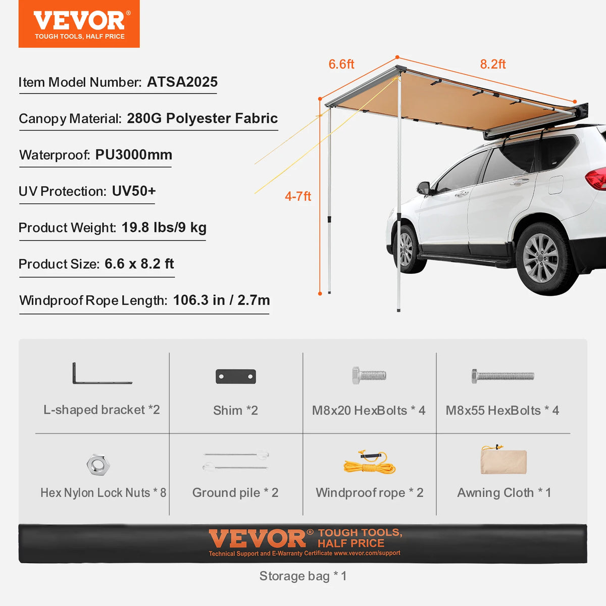 SucceBuy Retractable Vehicle Side Awning With Waterproof Storage Bag