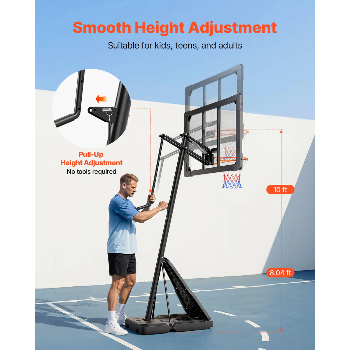 Portable Height Adjustable Basketball Hoop With PC Backboard