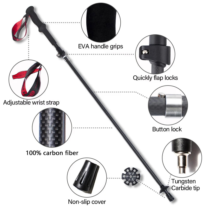 OKHEALING Ultralight Carbon Fiber Folding Trekking Poles For Hiking