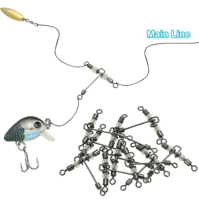 Three Way Fishing Swivels With Glow Beads and Snap Connectors