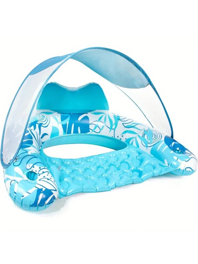 Inflatable Pool Lounge Chair With Canopy And Two Cup Holders