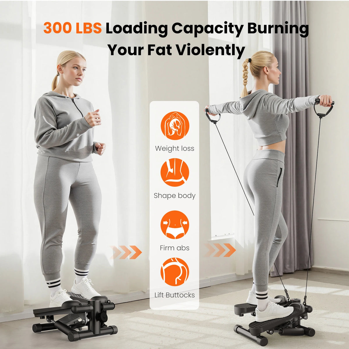 Mini Stepper With Resistance Bands And LCD Monitor For Home Cardio