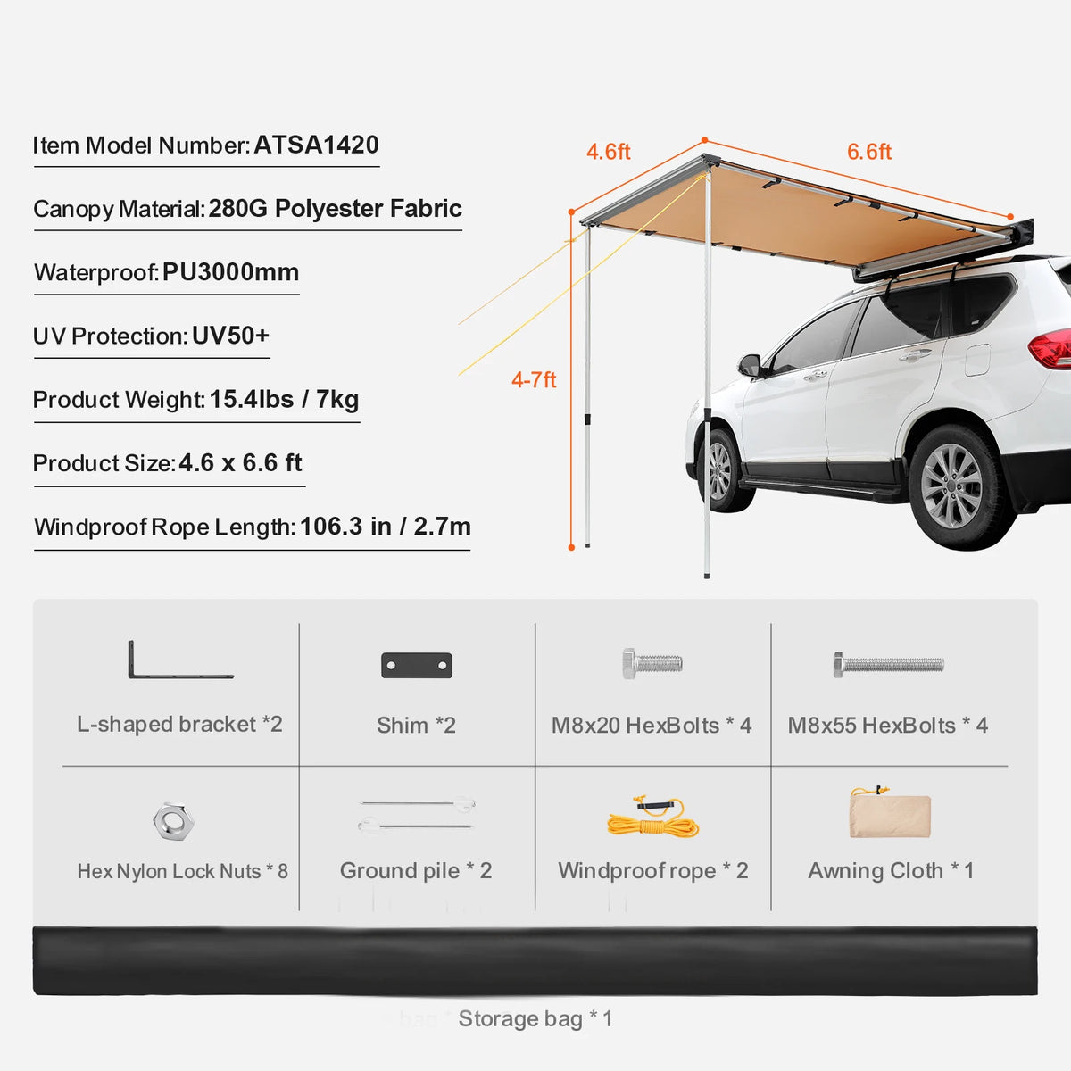 SucceBuy Retractable Vehicle Side Awning With Waterproof Storage Bag