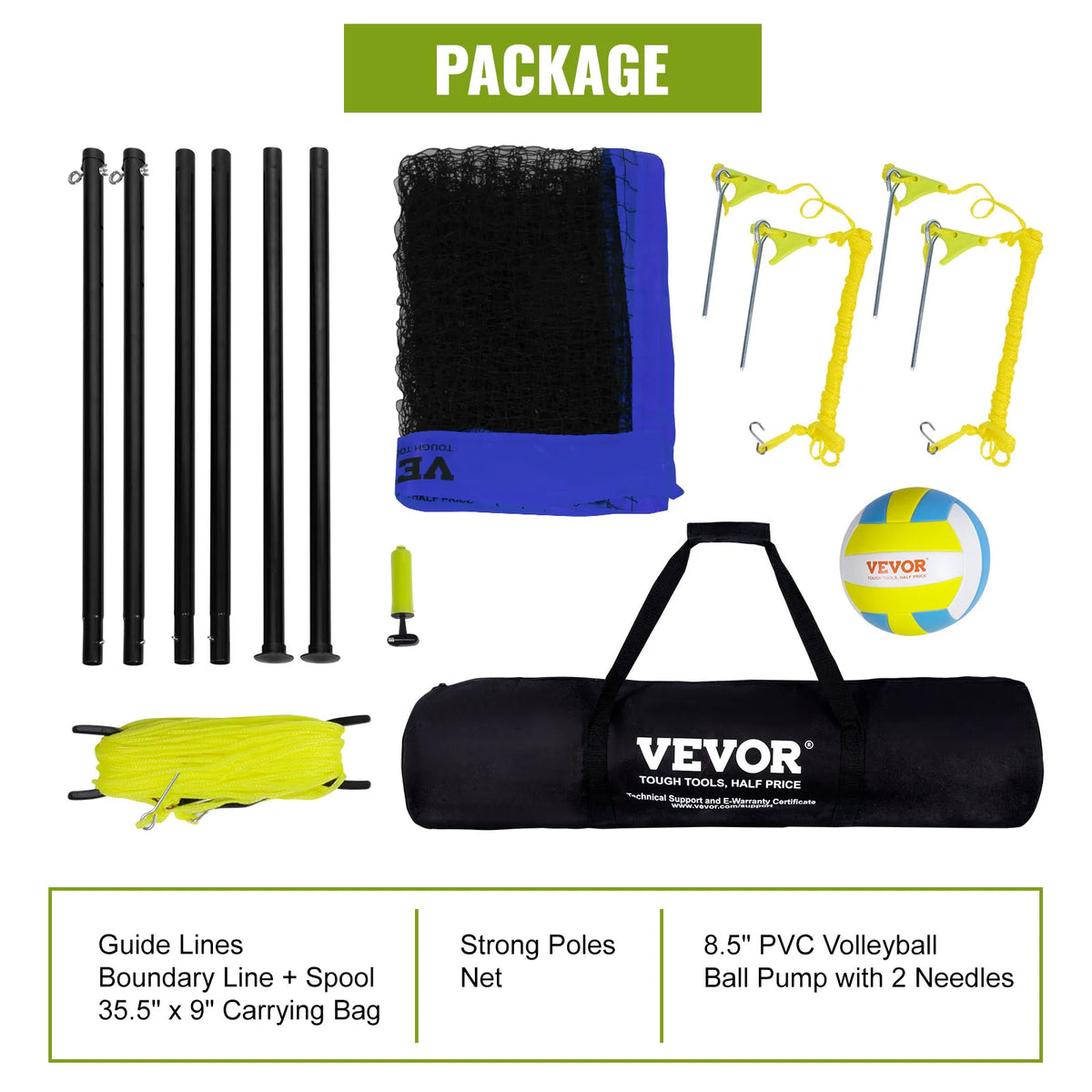 Portable Outdoor Volleyball Net System With Adjustable Steel Poles and Carrying Bag