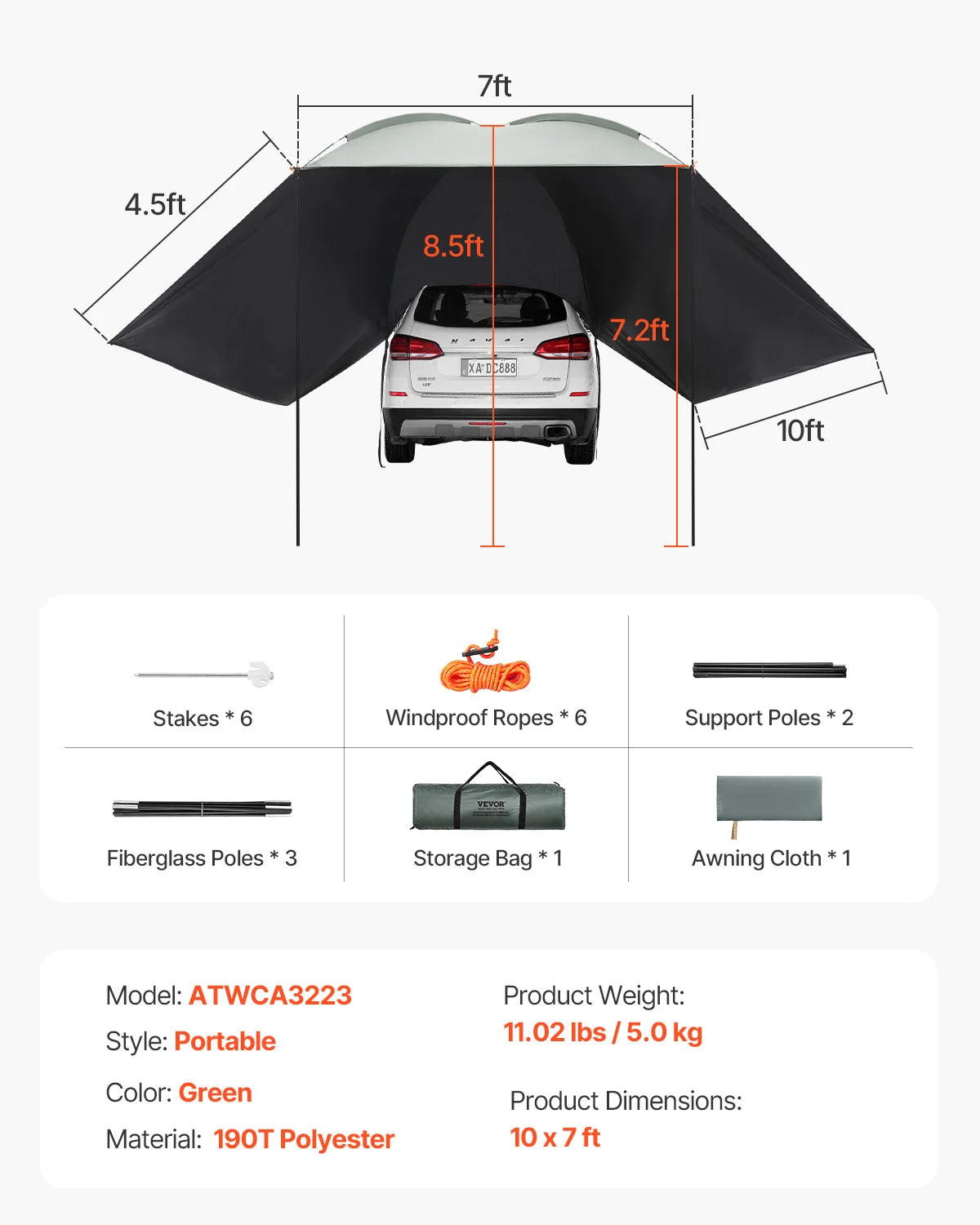 SucceBuy Retractable Vehicle Side Awning With Waterproof Storage Bag
