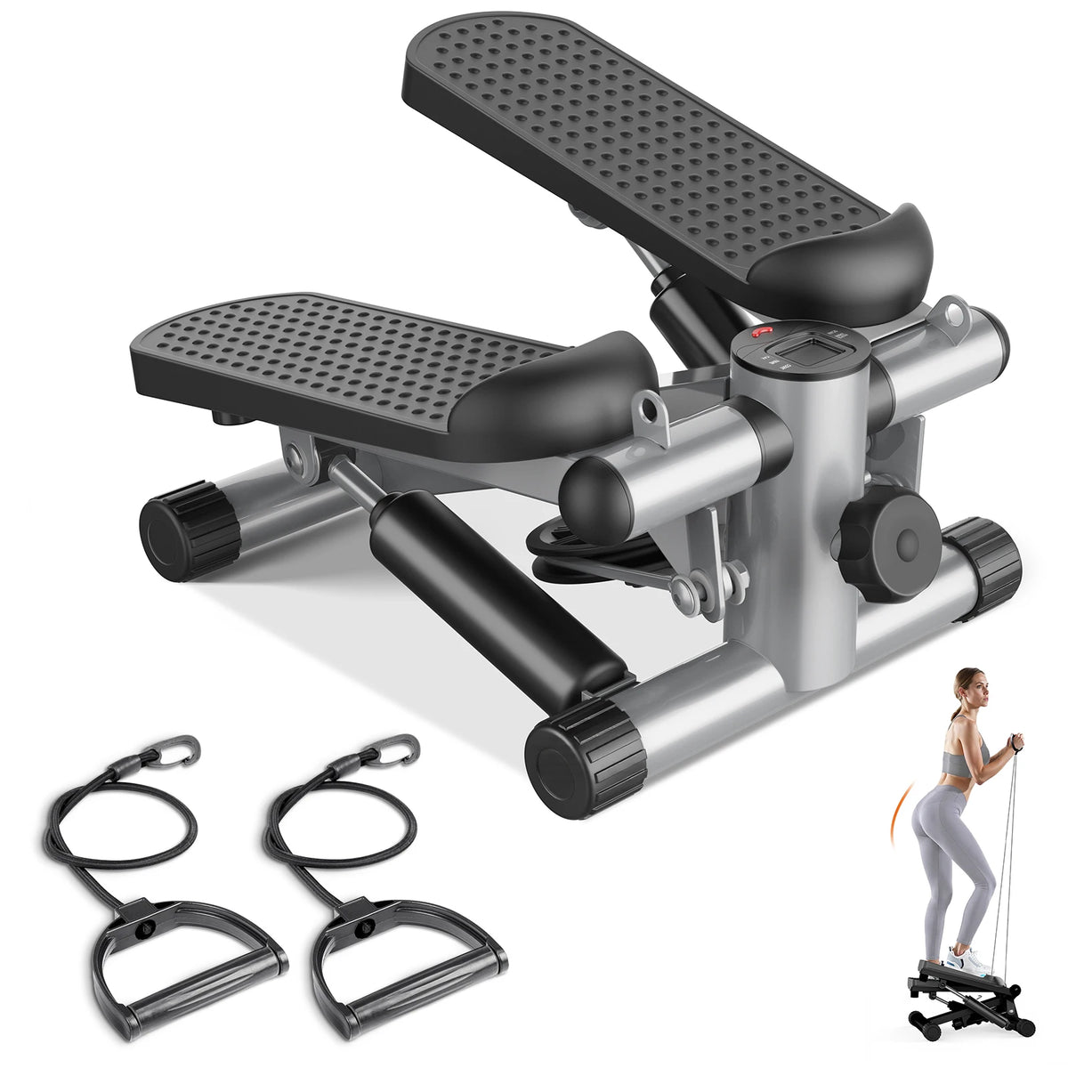 Mini Stepper With Resistance Bands And LCD Monitor For Home Cardio