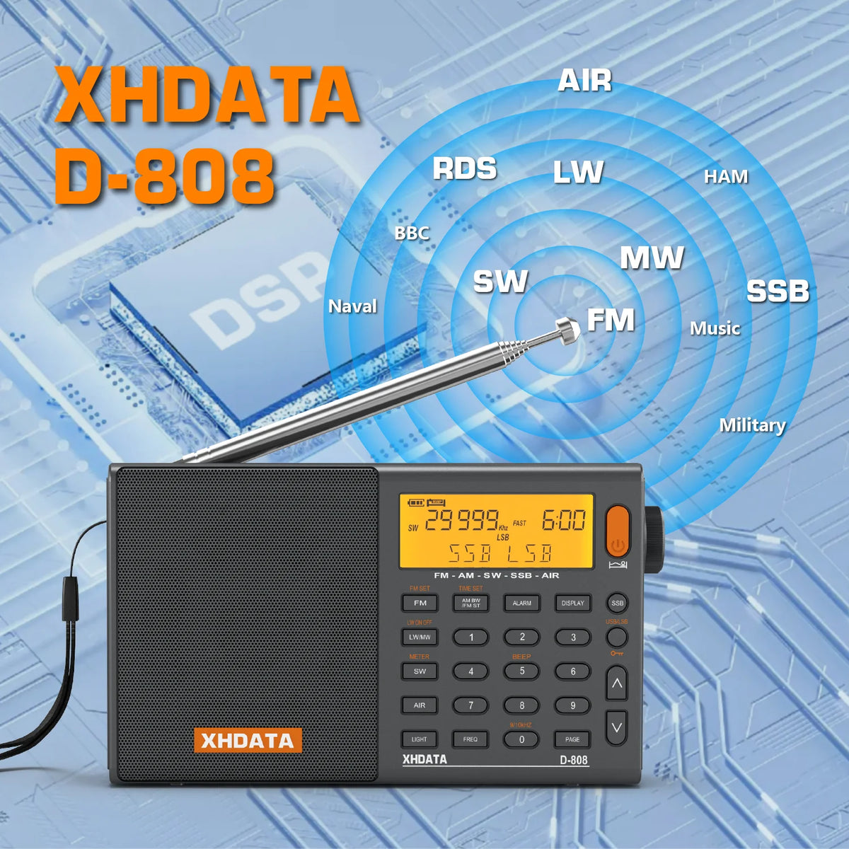 XHDATA D-808 Portable AM FM SW Radio With SSB RDS Receiver