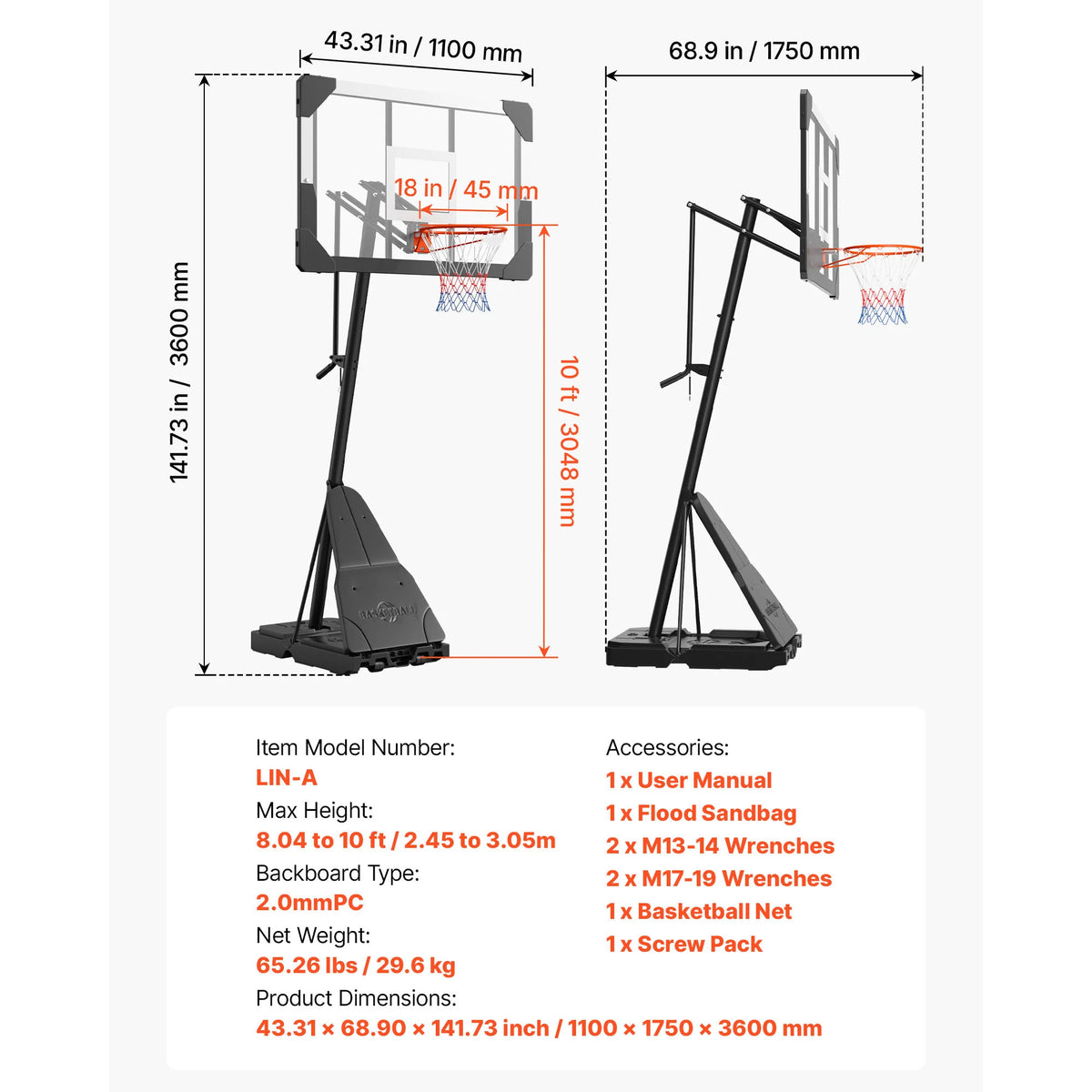 Portable Height Adjustable Basketball Hoop With PC Backboard