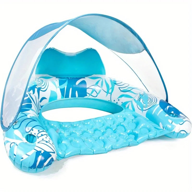 Inflatable Pool Lounge Chair With Canopy And Two Cup Holders