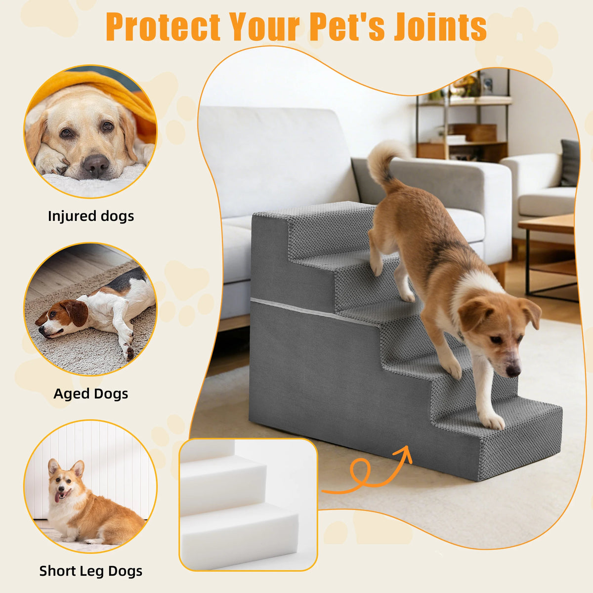 Curved Foam Dog Stairs With Non Slip Steps For Pets