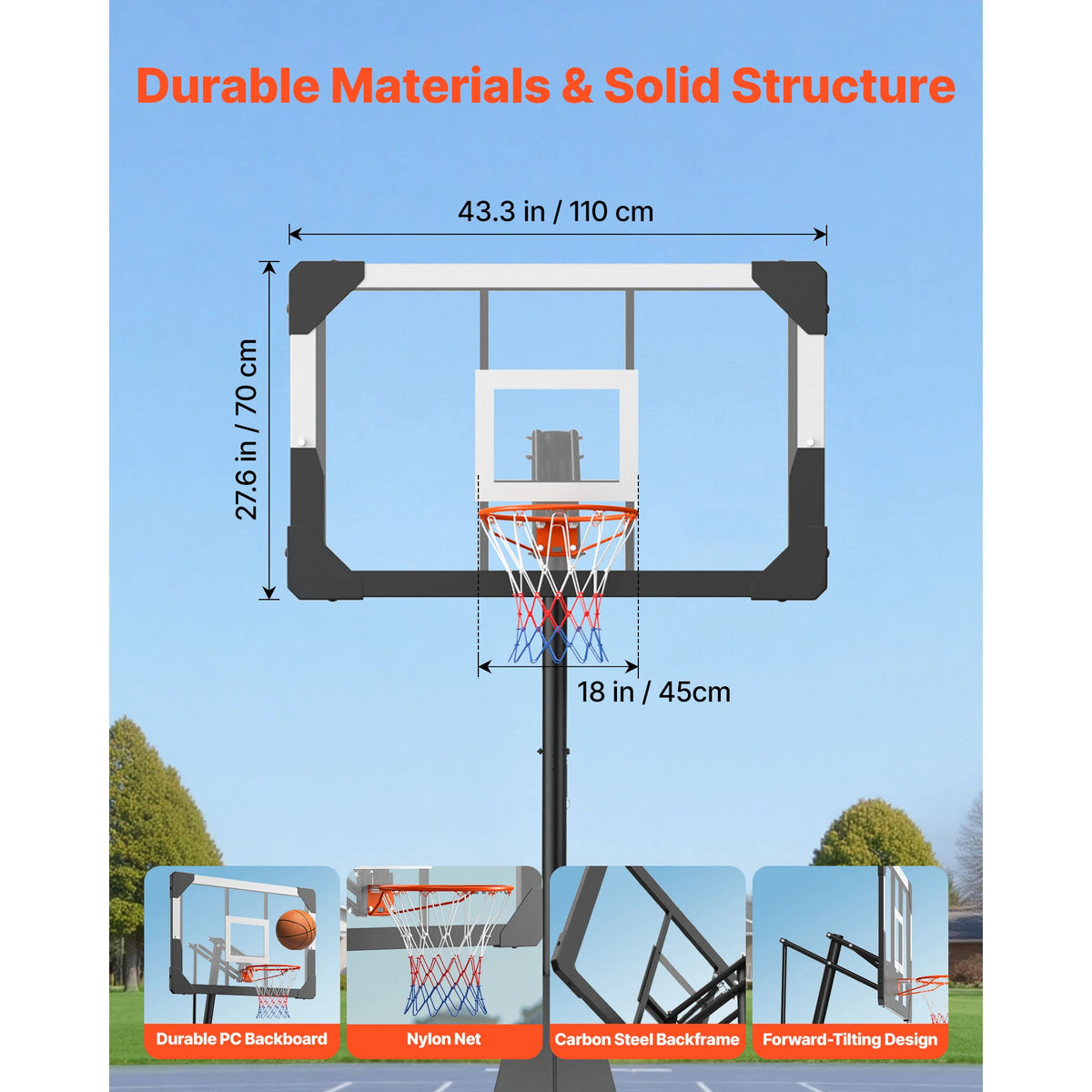 Portable Height Adjustable Basketball Hoop With PC Backboard