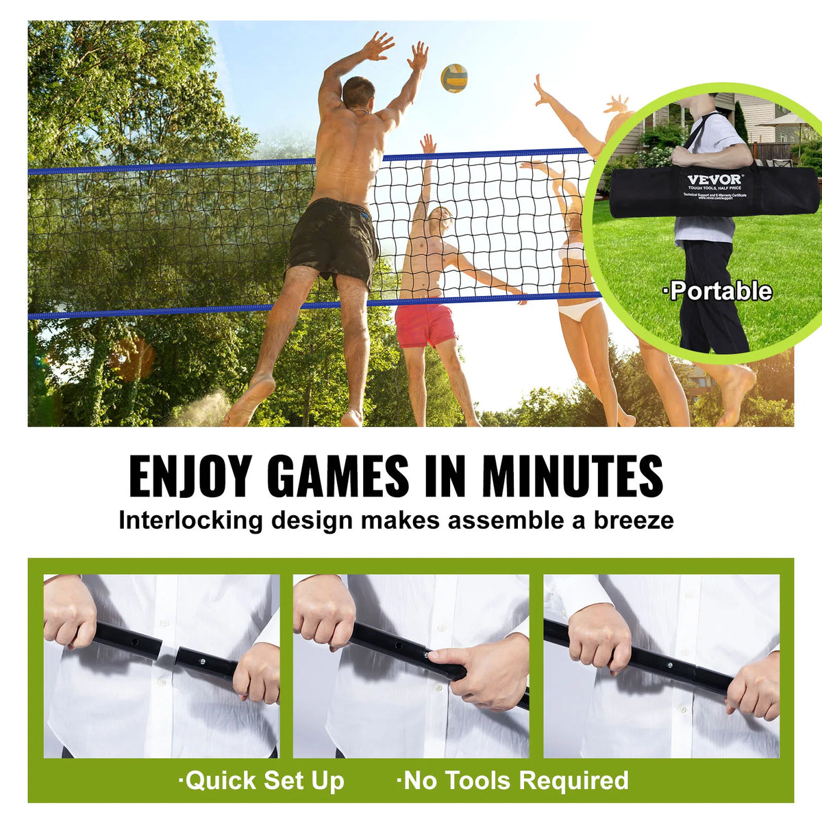 Portable Outdoor Volleyball Net System With Adjustable Steel Poles and Carrying Bag