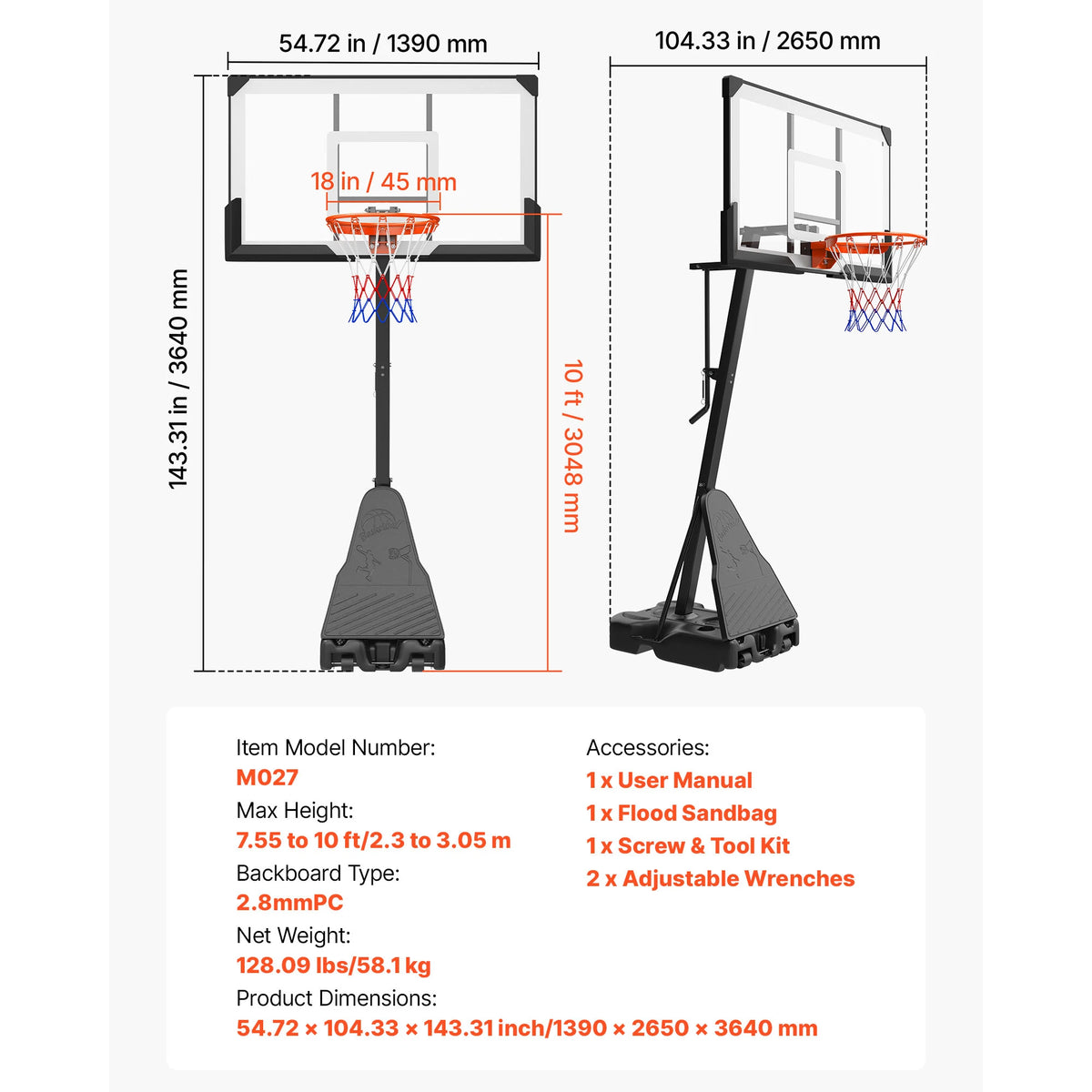 Portable Height Adjustable Basketball Hoop With PC Backboard