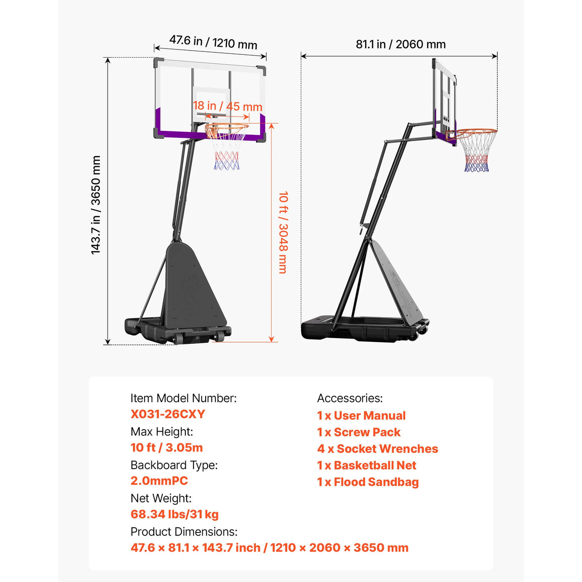Portable Height Adjustable Basketball Hoop With PC Backboard