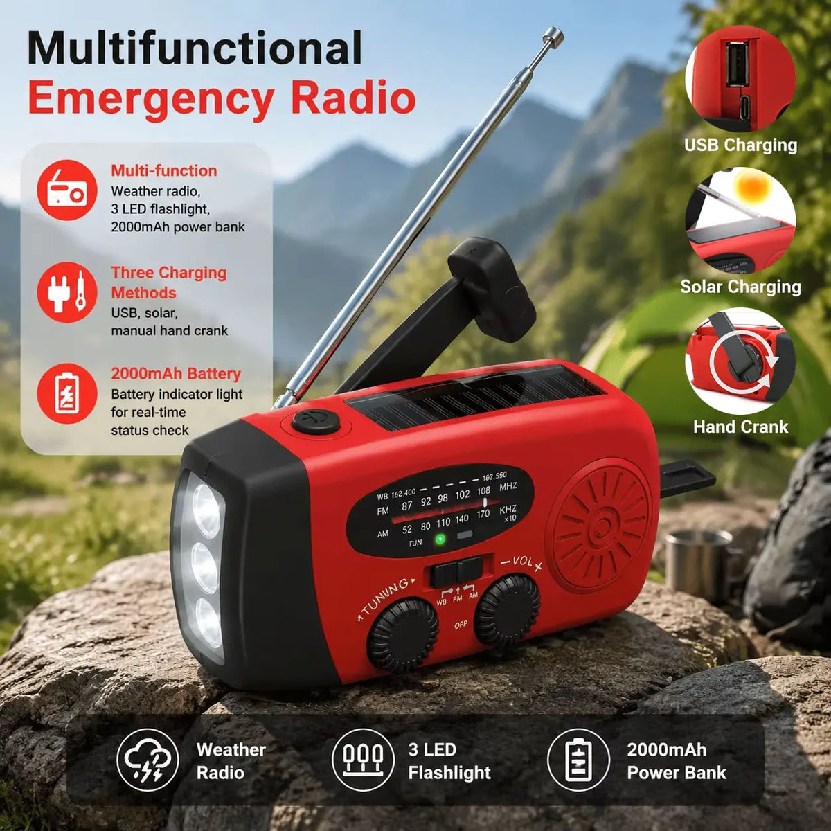 Portable Hand Crank Emergency Radio Solar Power Bank LED Flashlight