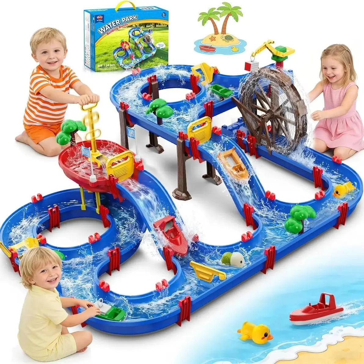 VATOS Outdoor Waterwheel Truck Water Channel Playset for Kids