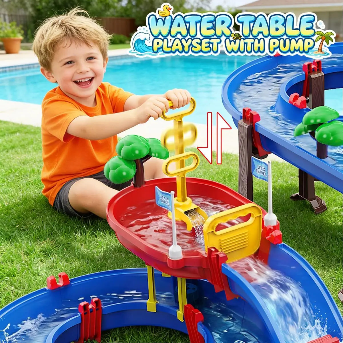VATOS Outdoor Waterwheel Truck Water Channel Playset for Kids