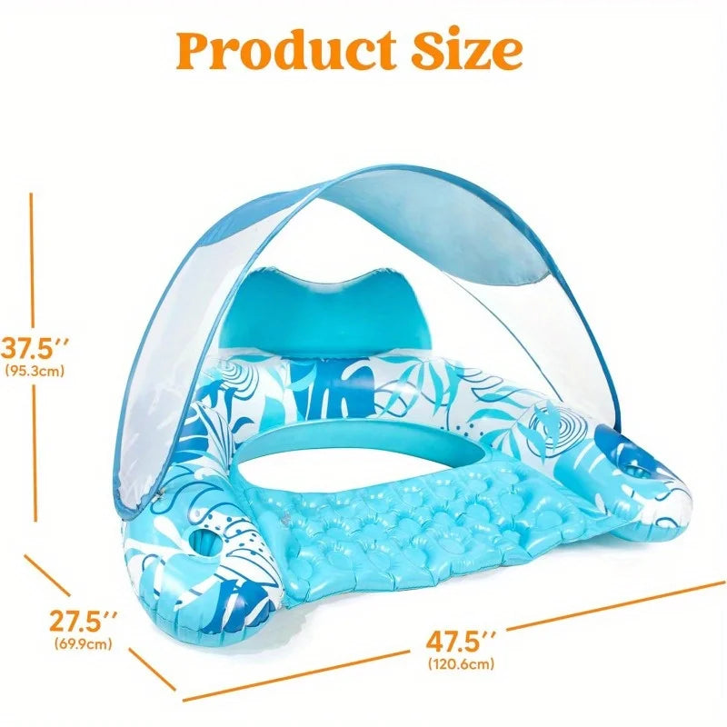Inflatable Pool Lounge Chair With Canopy And Two Cup Holders