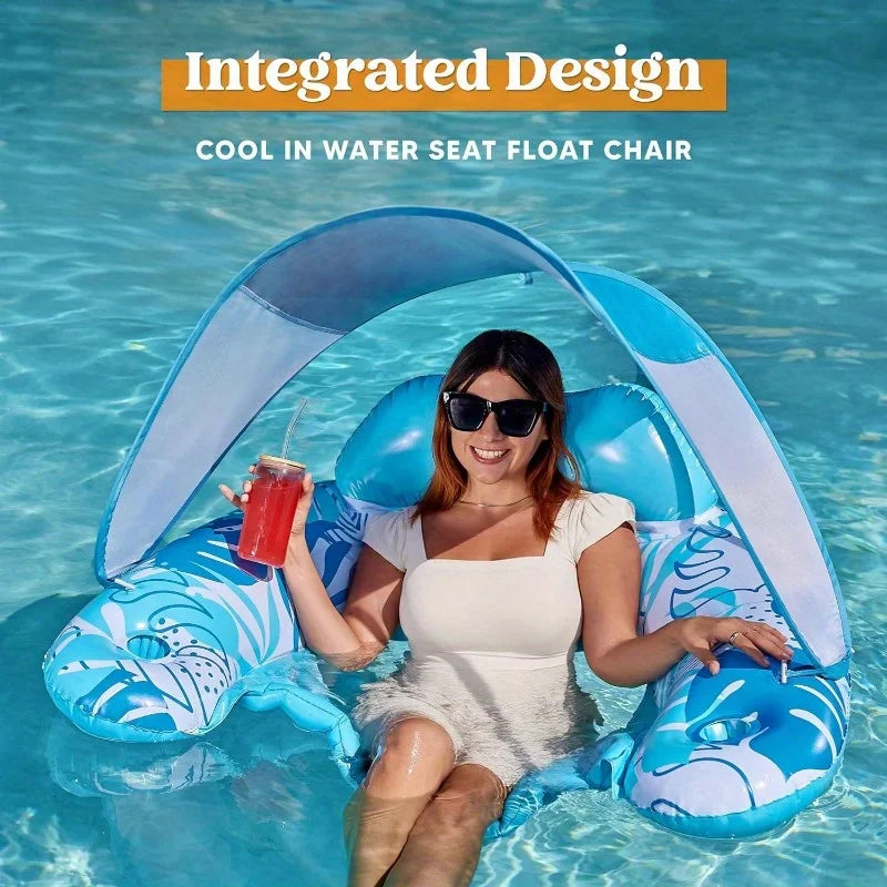 Inflatable Pool Lounge Chair With Canopy And Two Cup Holders