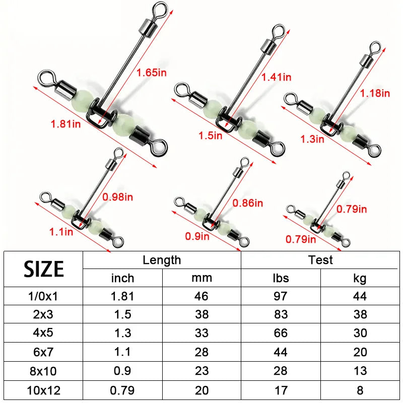 Three Way Fishing Swivels With Glow Beads and Snap Connectors