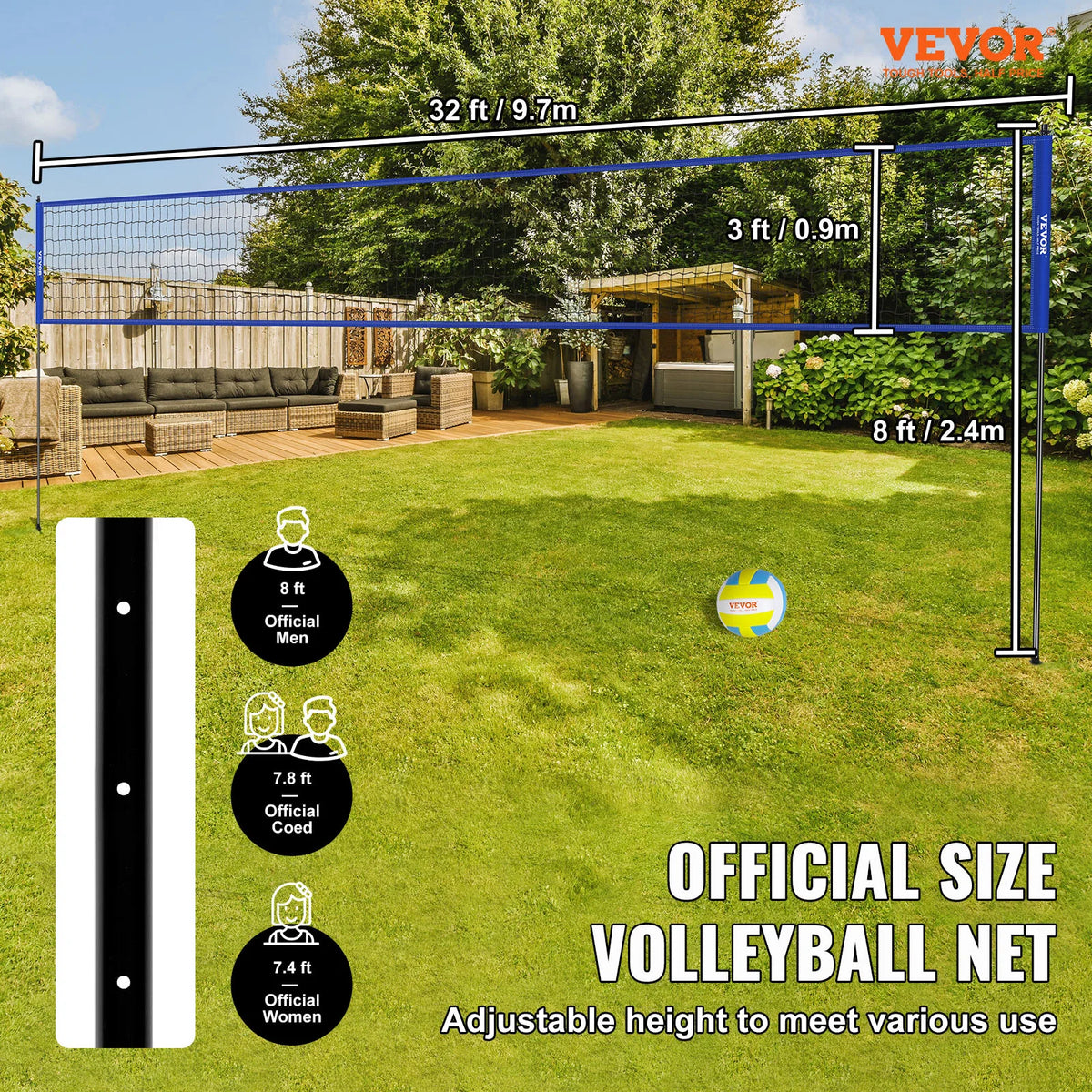 Portable Outdoor Volleyball Net System With Adjustable Steel Poles and Carrying Bag