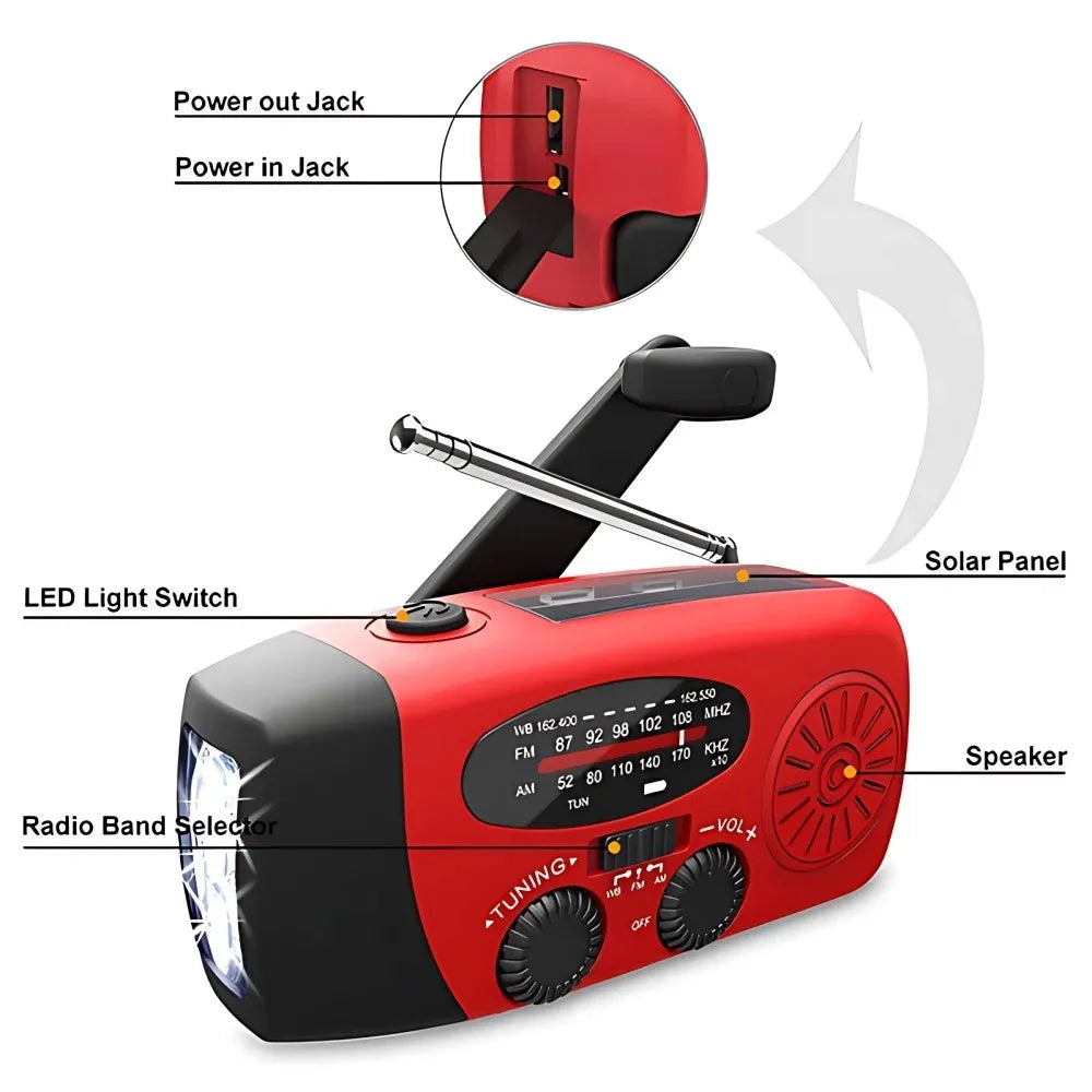 Portable Hand Crank Emergency Radio Solar Power Bank LED Flashlight